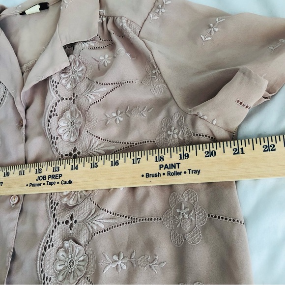 Vtg D.J. Women’s blouse Sz XL brown Floral print short sleeve sheer button USA - Picture 8 of 10